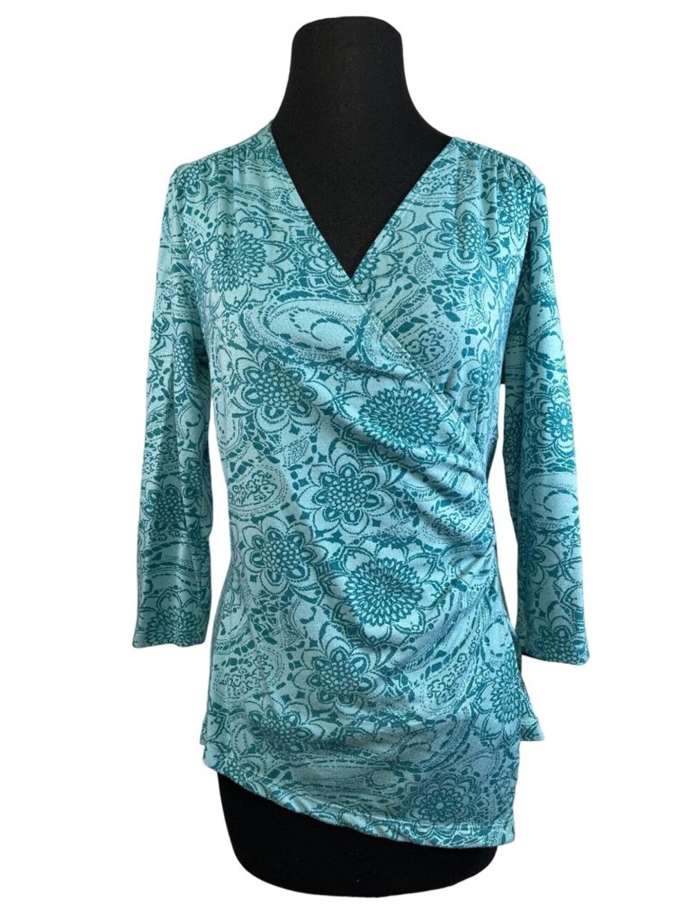 Nomadic Traders Womens Floral Print Wrap Top Teal Small Stretchy 3/4 Sleeve Good